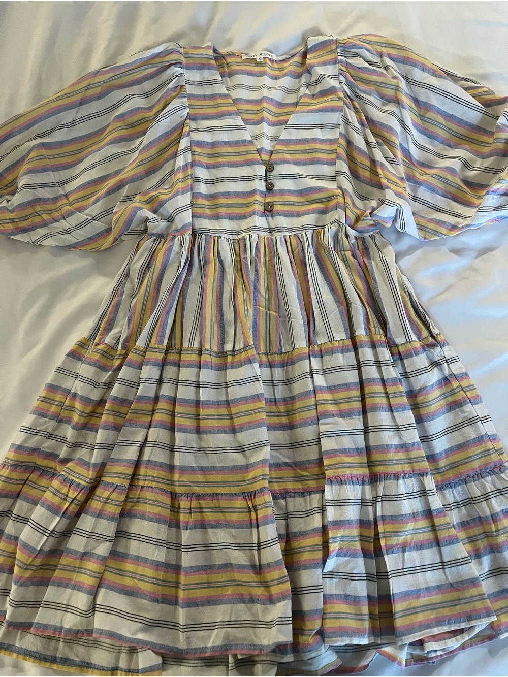Label of Love Tiered Babydoll Dress Medium Pastel Stripe Puff Sleeve Boho